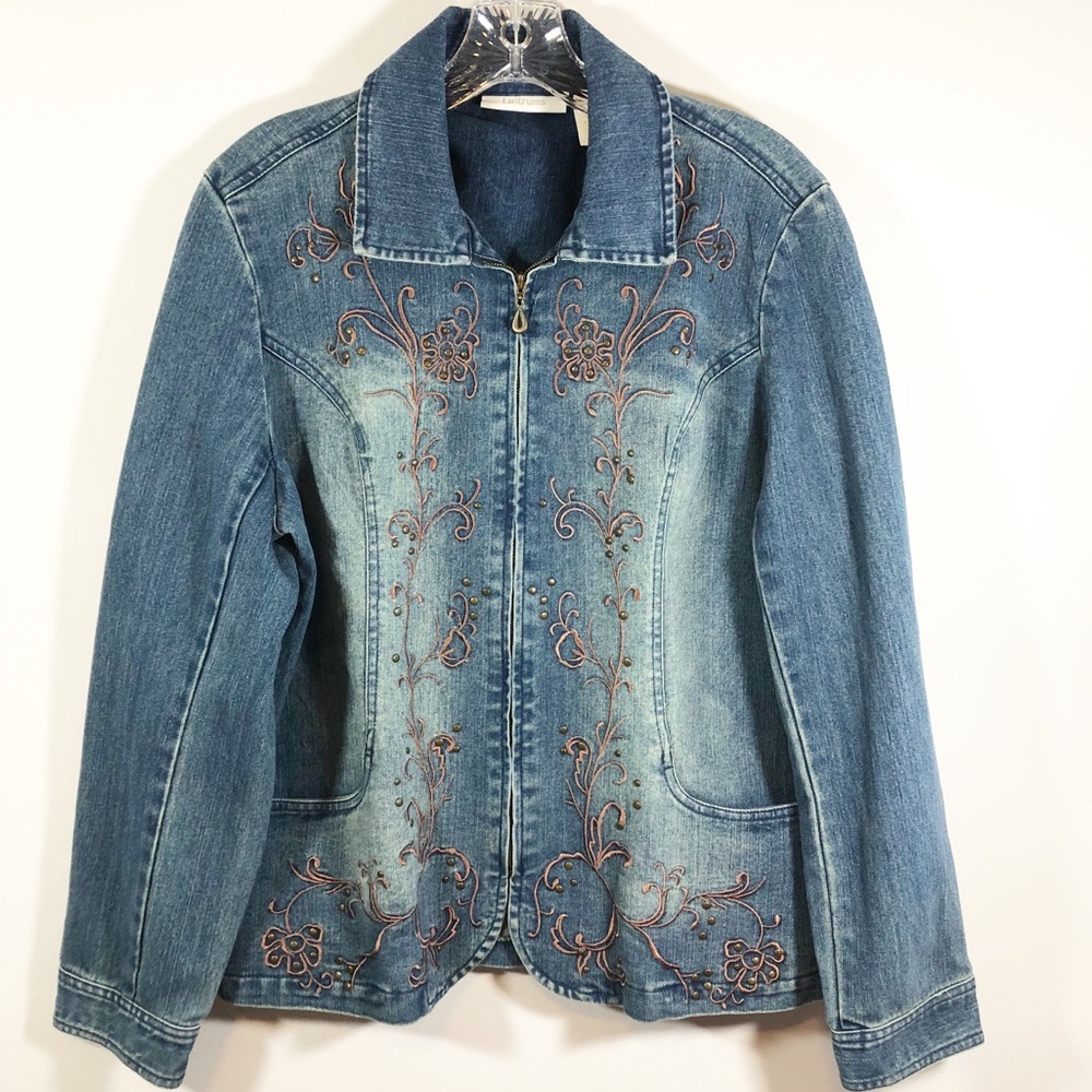 Stretch denim embroidered embellished zip jacket L